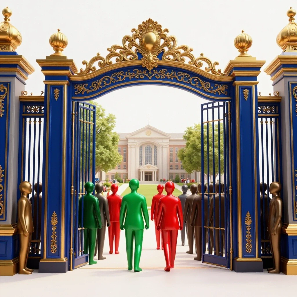 Ornate, metallic gate partially open with diverse figures outside and a select few stepping onto a sunlit campus