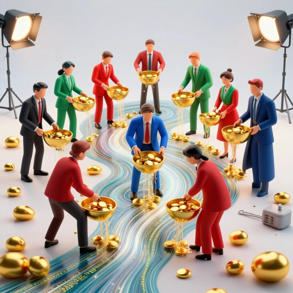 Diverse professionals' objects panning for gold in a glowing data and code stream, rich colors, luminous background.