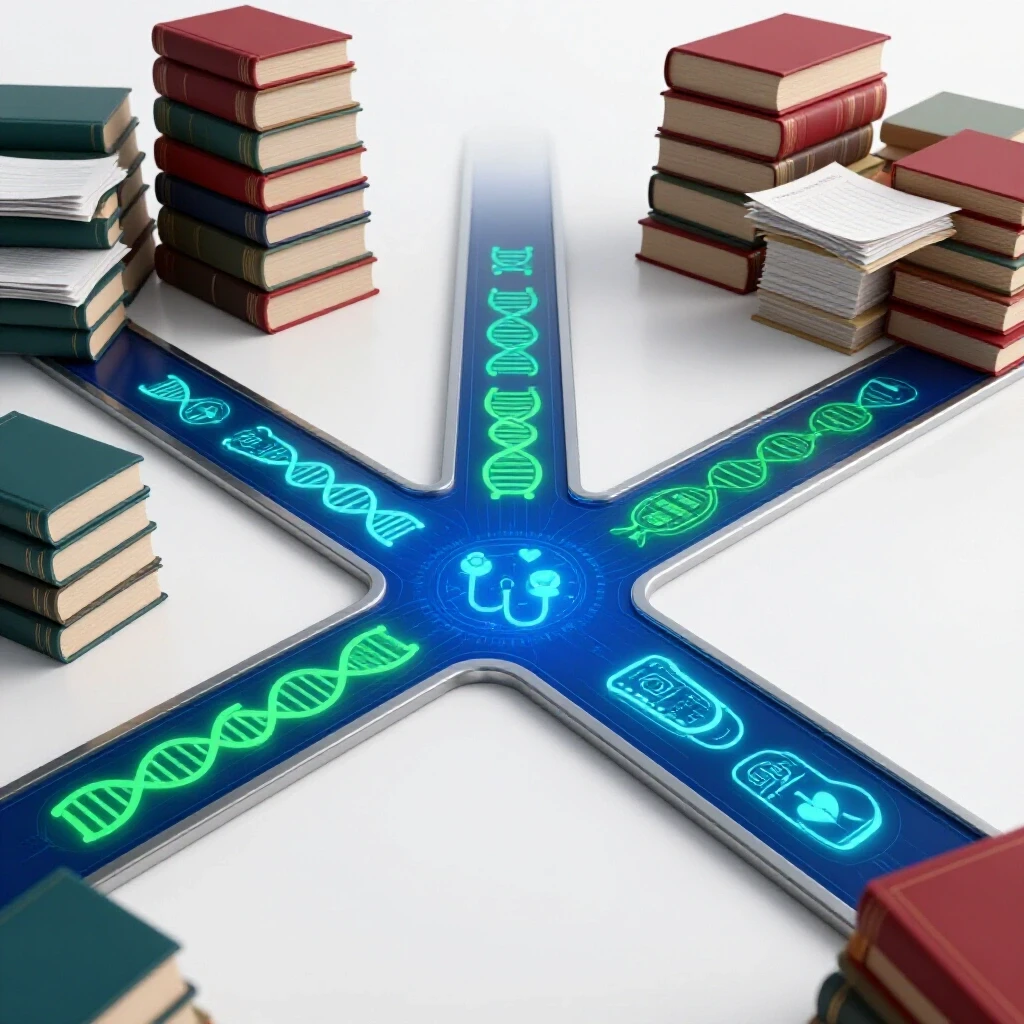 Digital crossroads with glowing medical icons and fading traditional books, symbolizing a shift to tech-driven healthcare.