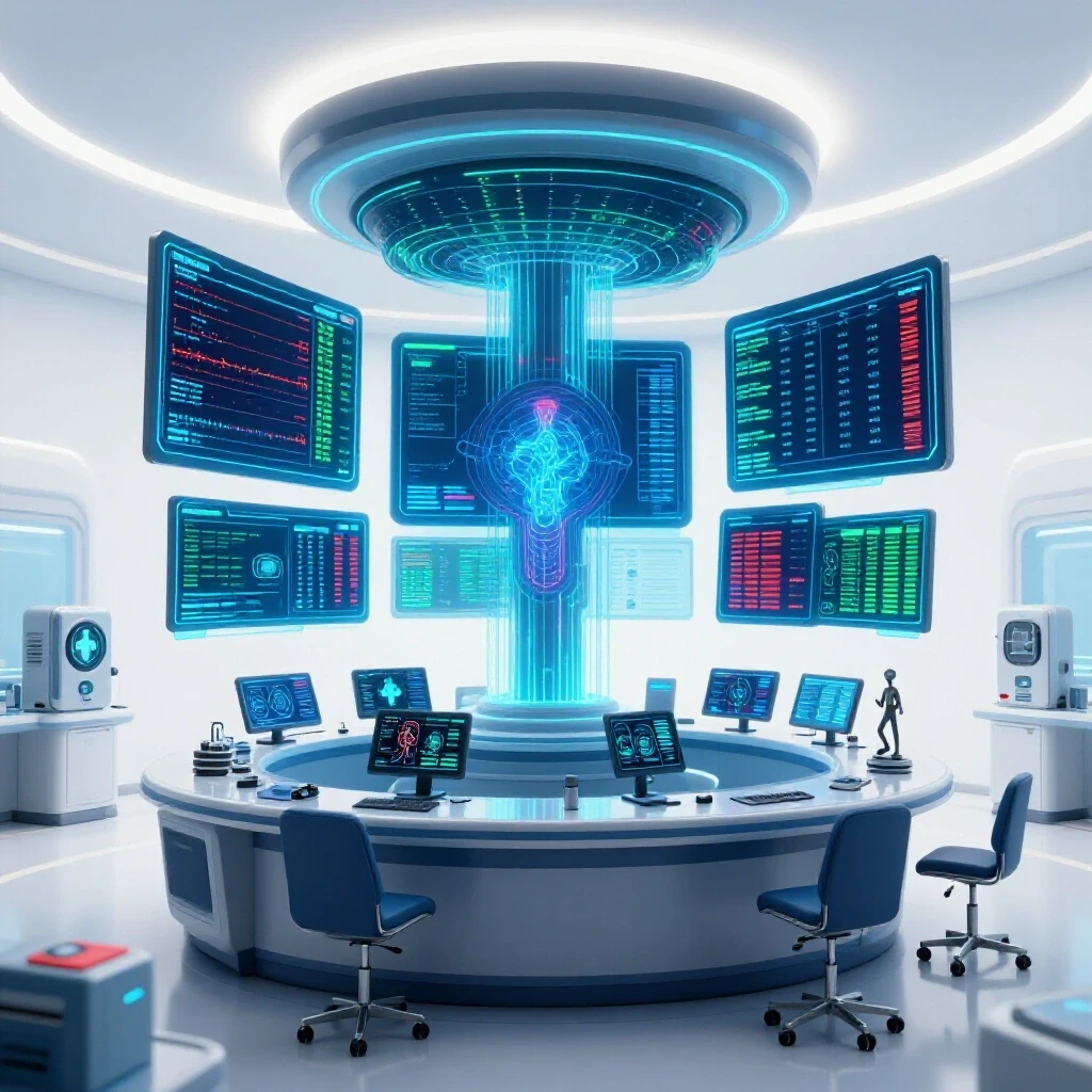 Futuristic hospital control center with glowing digital panels, holographic patient data, and medical tech symbols.