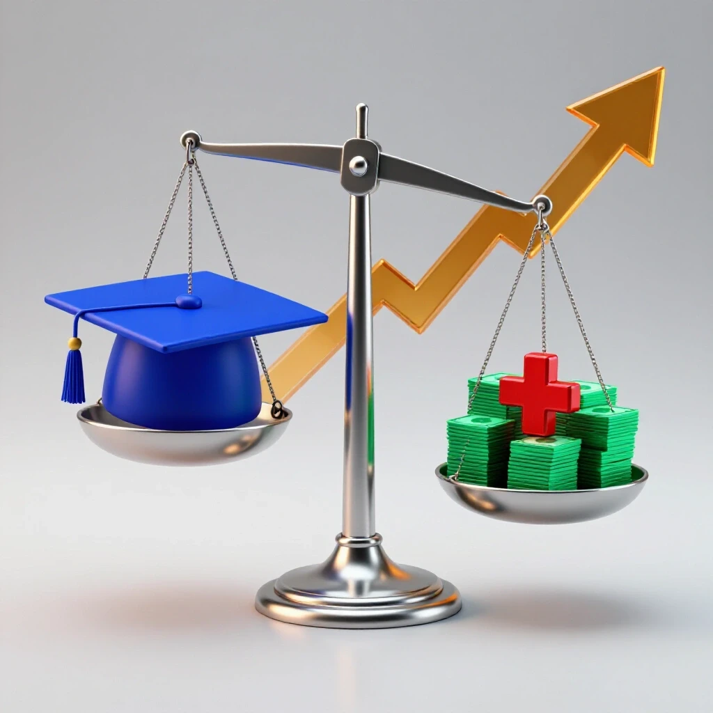 Balance scale with graduation cap versus stacks of money and healthcare symbol, on bright background with growth arrow.