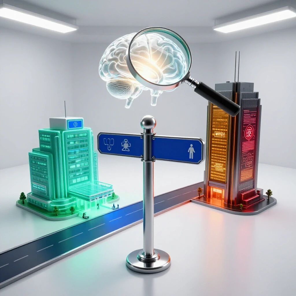 Dynamic crossroads revealing paths to a hospital and a modern office, with a glowing brain under analysis above.