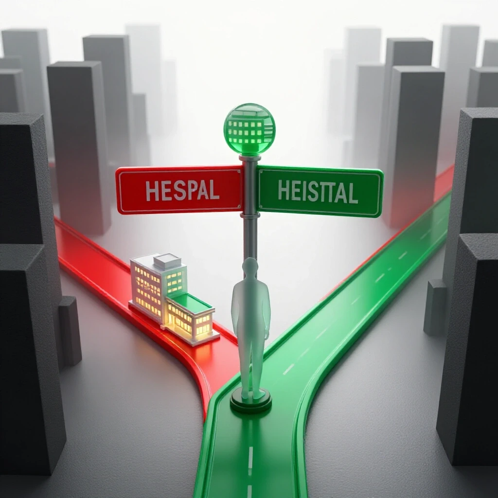 At a crossroads, a signpost stands between a bright hospital and a shadowy alley, symbolizing choices.