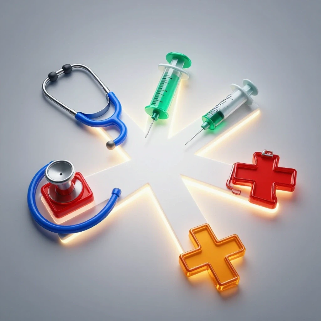 Glossy 3D crossroads with healthcare symbols under spotlights, set on a bright white background