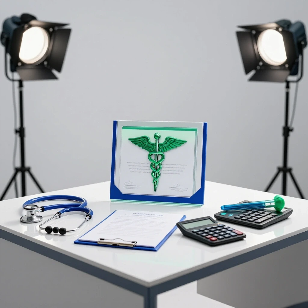 A certificate illuminated on a crossroads desk surrounded by medical symbols and admin tools under bright studio lighting.
