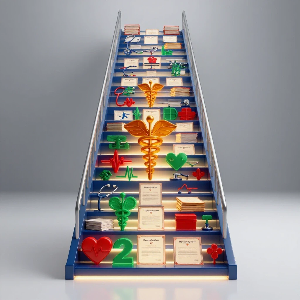 A staircase made of glowing medical symbols and certificates, radiating vibrant colors on a bright background.