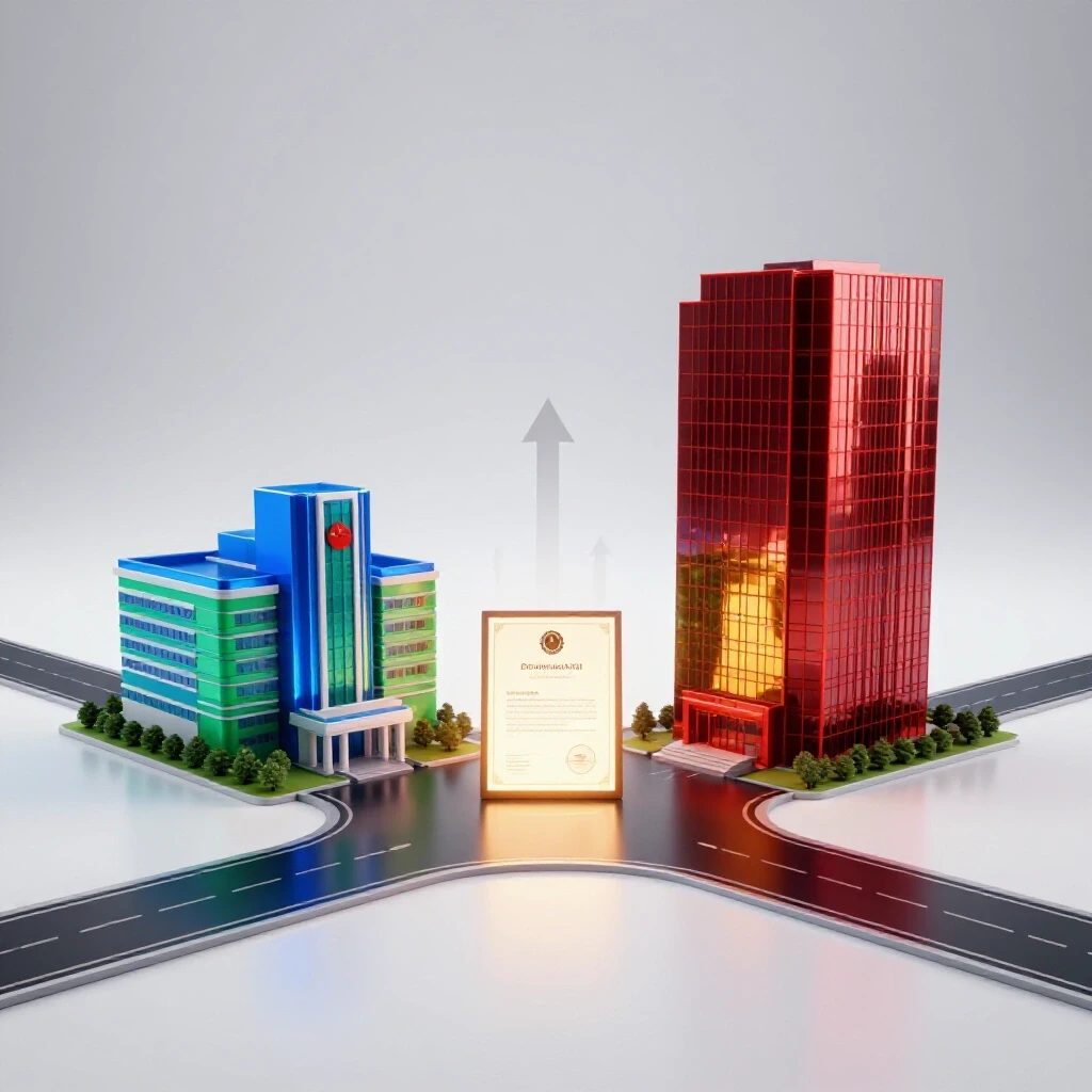 Glowing certification document at a crossroads between hospital and corporate office with upward arrows for career growth.