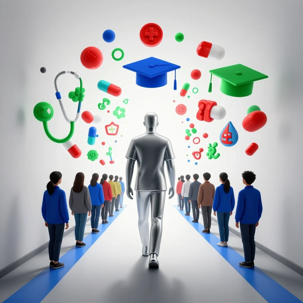 A silver-haired figure steps from shadow into a bright university hall filled with vivid medical symbols and student silhouettes.