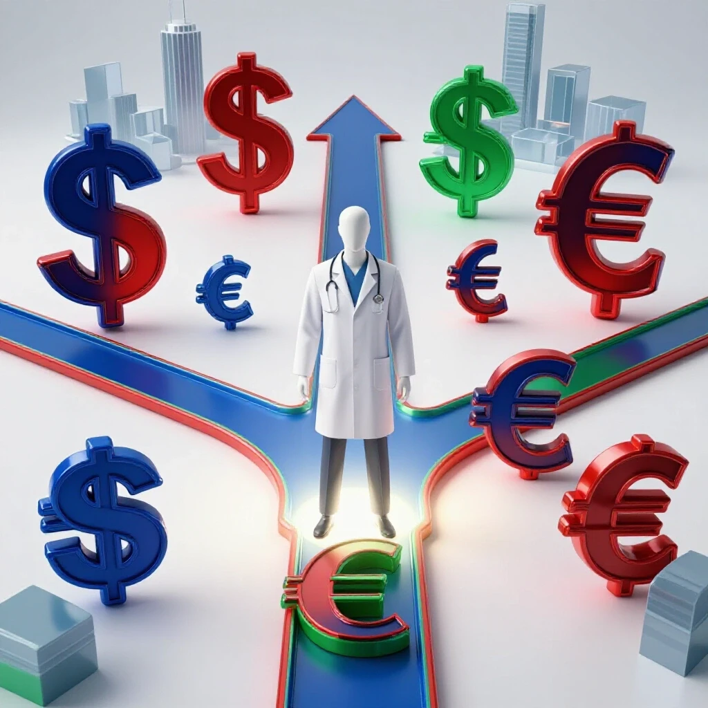 Healthcare symbol at crossroads of currency paths with vibrant cityscape, spotlighted in bright setting.