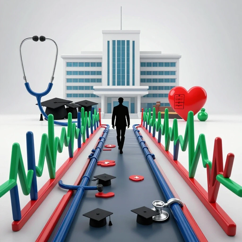 A confident figure crosses a bridge of colorful healthcare symbols toward a modern hospital, leaving graduation caps behind.
