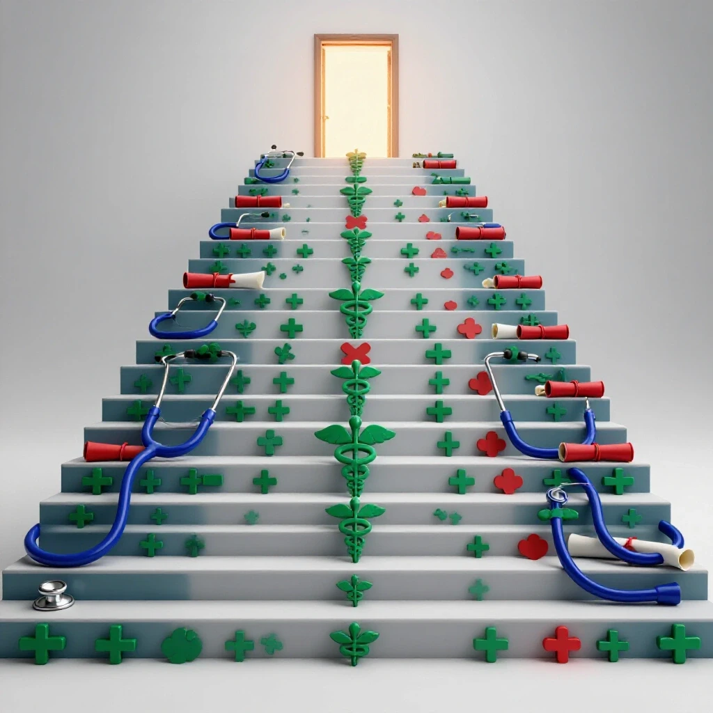A vivid staircase made of glossy medical symbols leads upward to a glowing doorway, set in a bright studio scene.