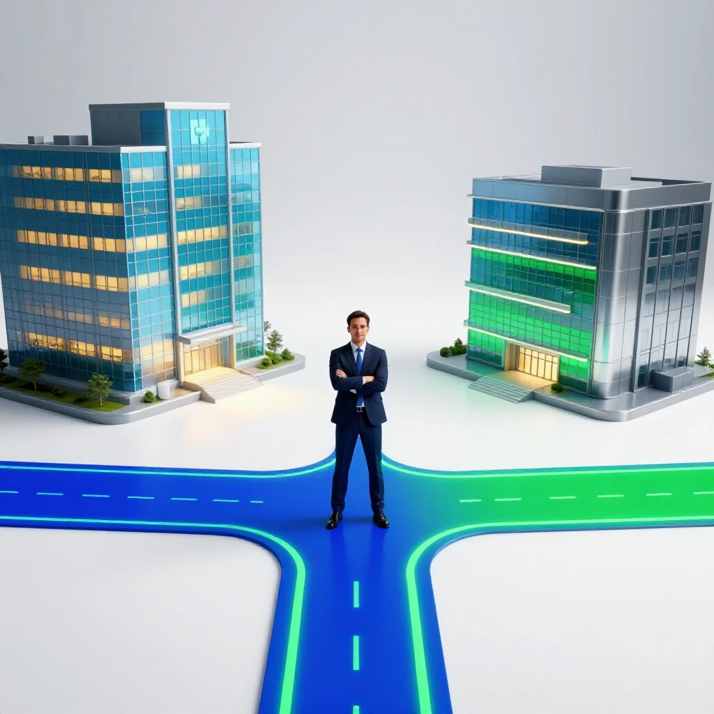 Central crossroads leading to a hospital and a corporate office, both paths glowing with opportunity in a bright studio setting.