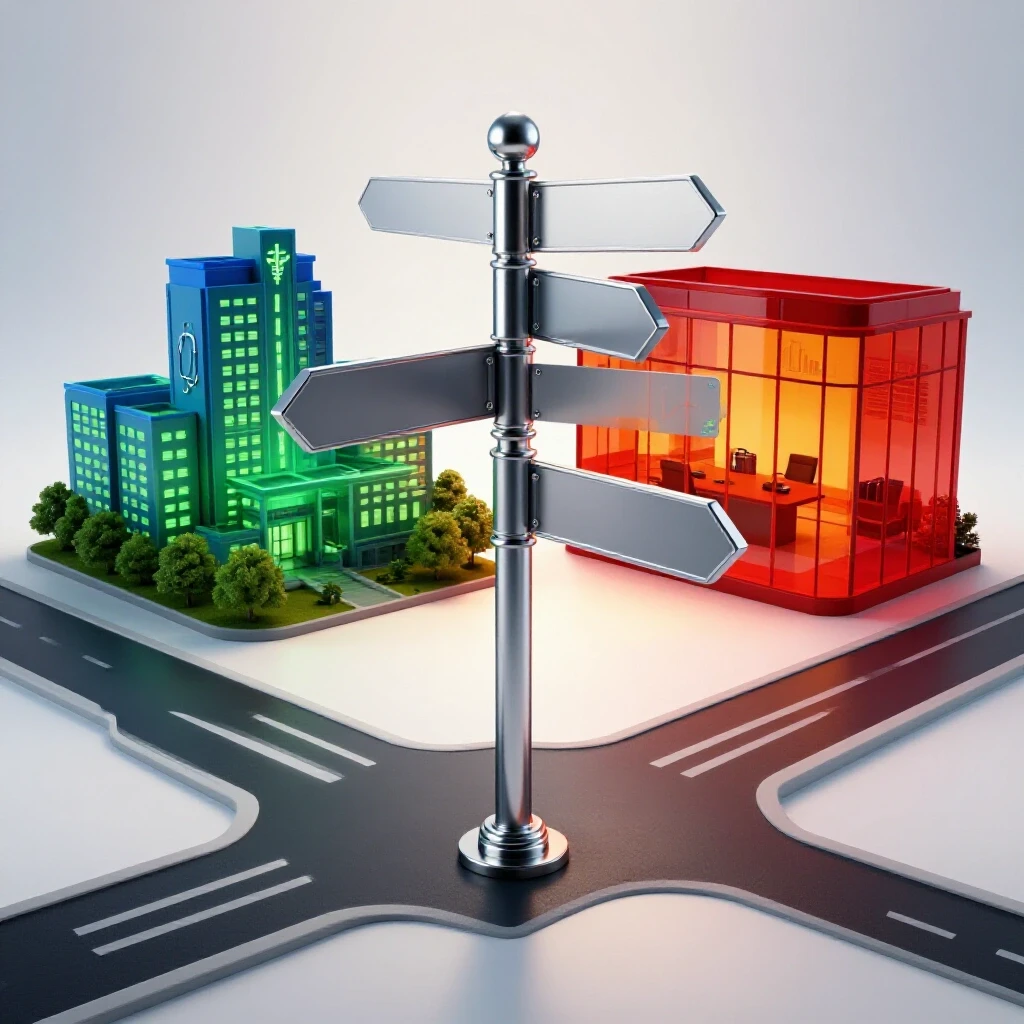 Signpost at crossroads with glossy hospital on one side and sleek boardroom on the other, vivid colors, bright setting