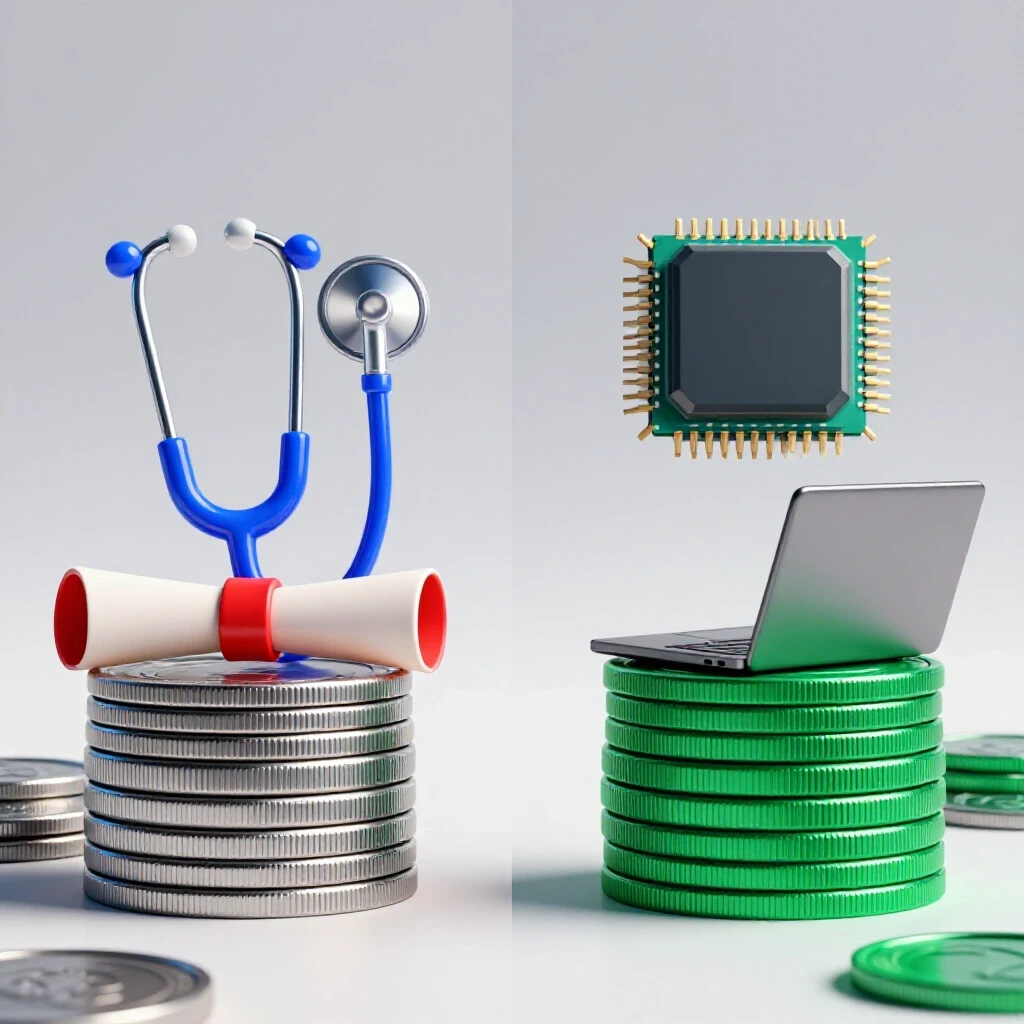 Split-image of medical and tech icons on stacks of coins in a bright studio, emphasizing ROI comparison.