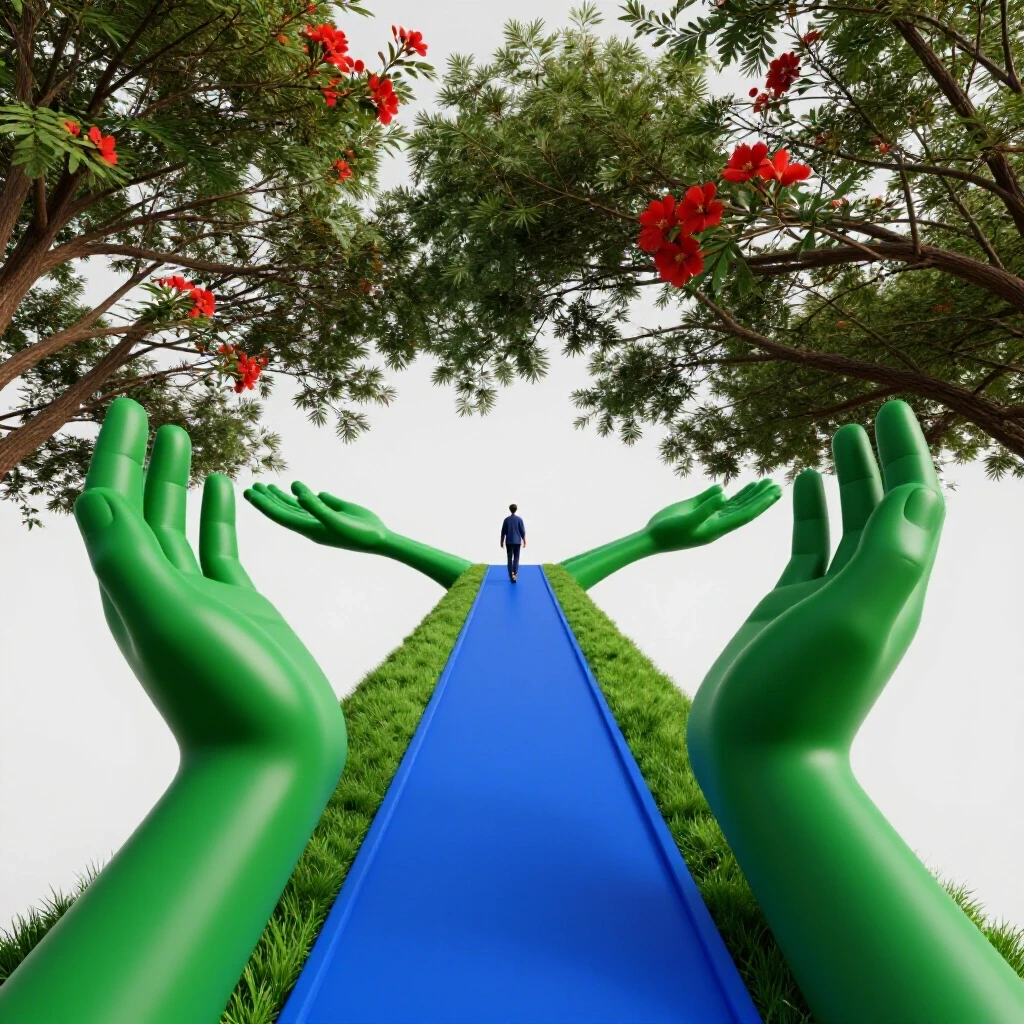A vibrant blue path lined with open emerald green hands, symbolizing parental support and healthy boundaries for college planning, set against a luminous light background.
