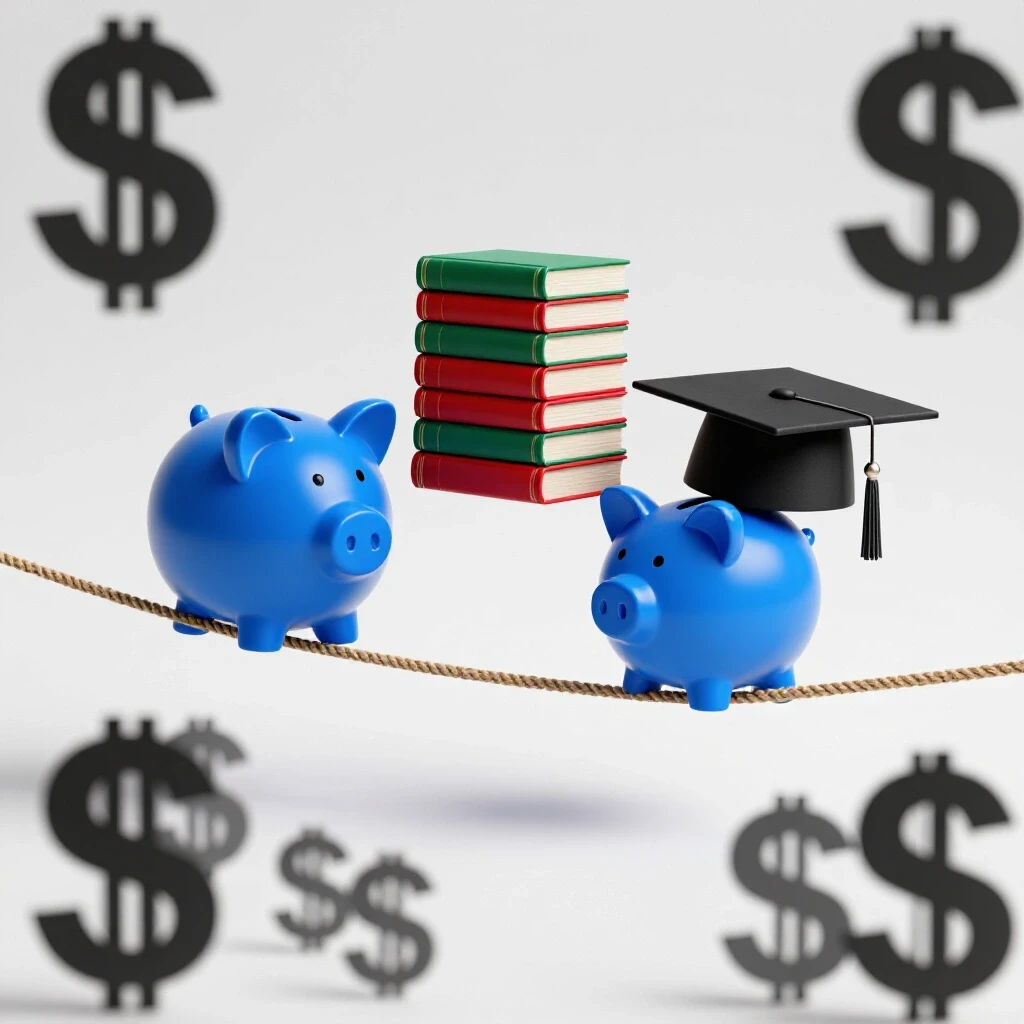 A tightrope stretched between a piggy bank and a graduation cap with shadowy dollar signs below
