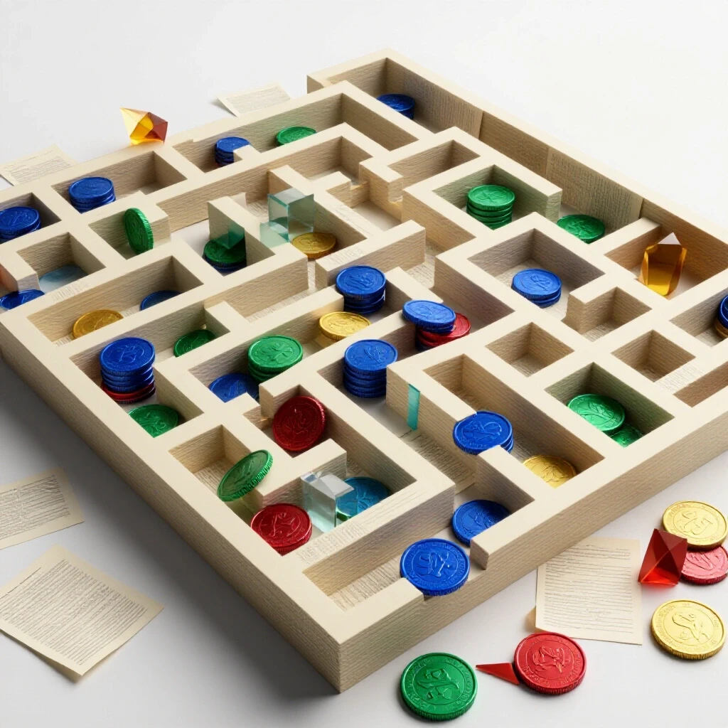 A maze built from large colorful coins and documents with unexpected obstacles along the route, on a bright white background.