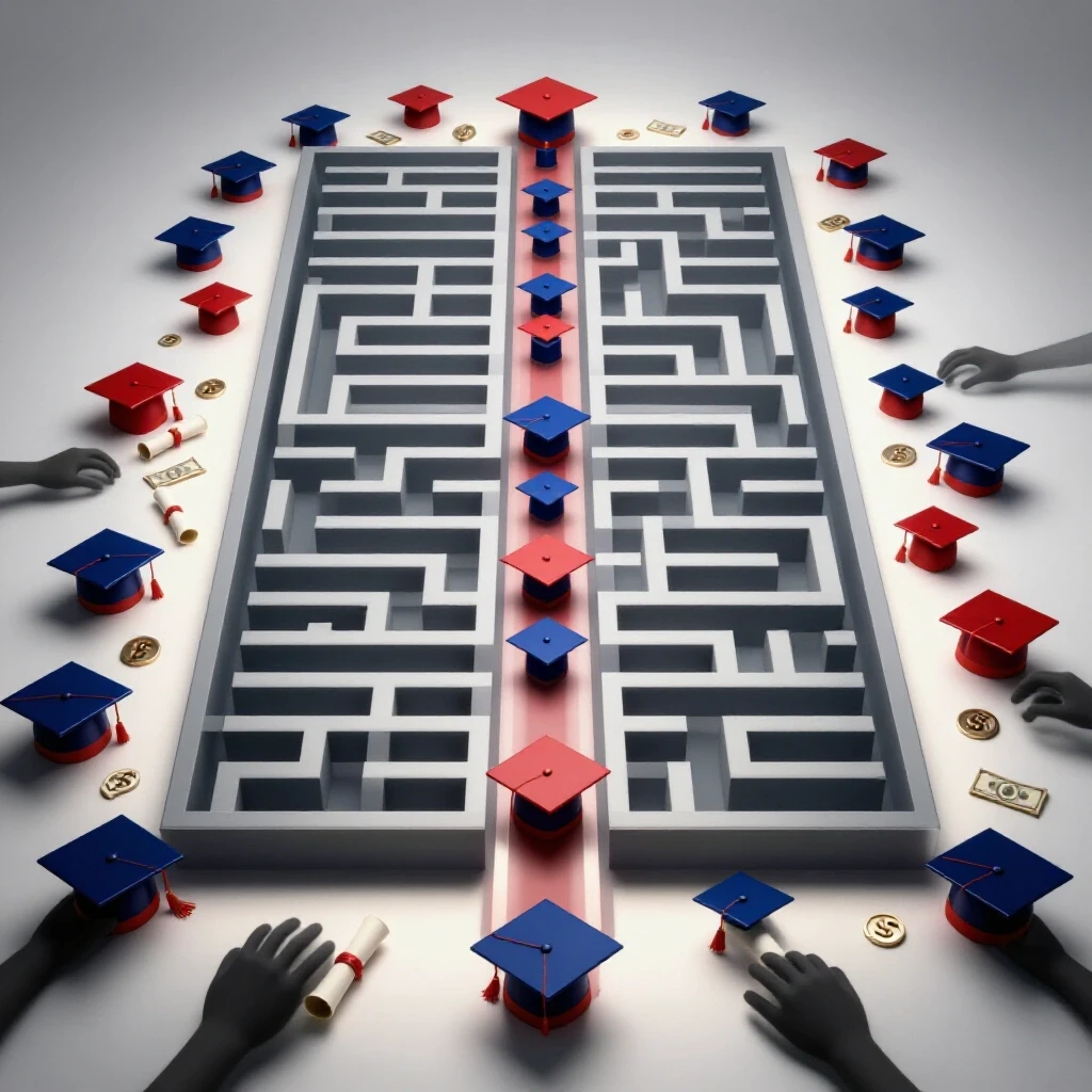 A bright maze pathway lined with glossy graduation caps and diplomas, surrounded by shadowy hands reaching for wallets symbolizing hidden financial pitfalls of a master’s degree.