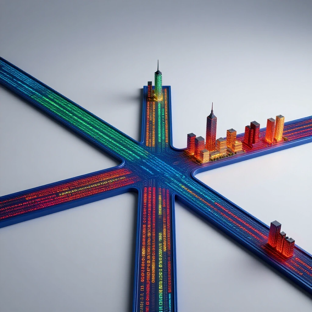 Glowing digital pathways branch from a central crossroads to vibrant cityscapes on a bright background