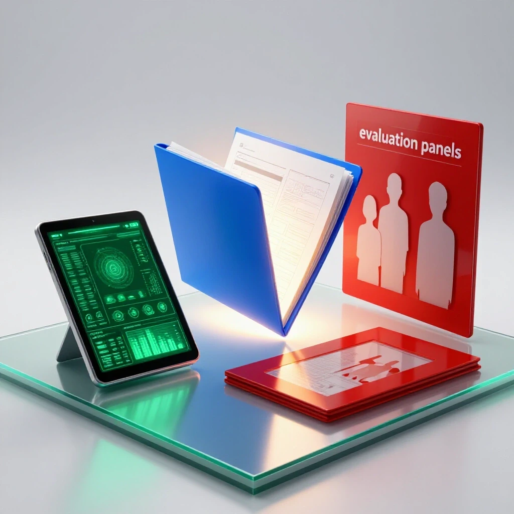 A glowing blue portfolio folder and digital dashboard tablet highlighted on a luminous workspace with geometric panels symbolizing a hiring panel.