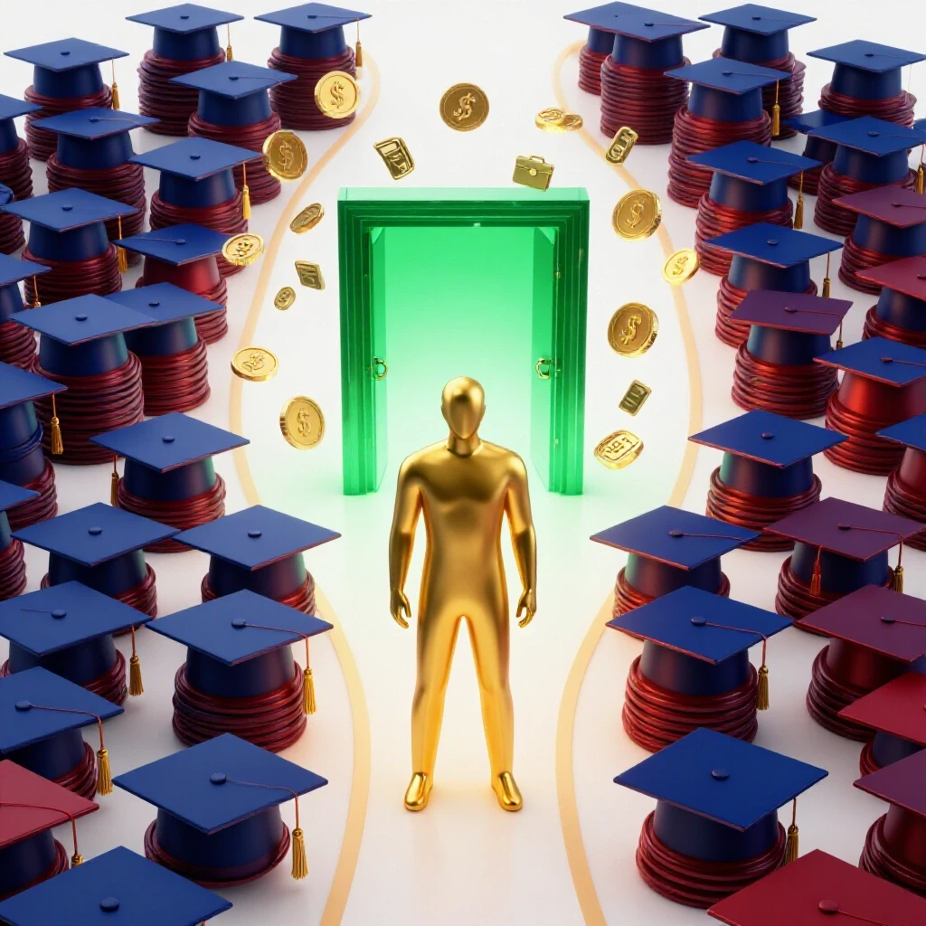 A gold figure stands at a forked path; one side has graduation caps, the other a glowing doorway with wealth symbols.