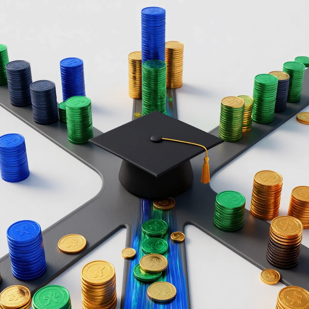 Graduation cap at a crossroads with one path leading to vibrant coin stacks, the other fading away, set on a luminous studio background.