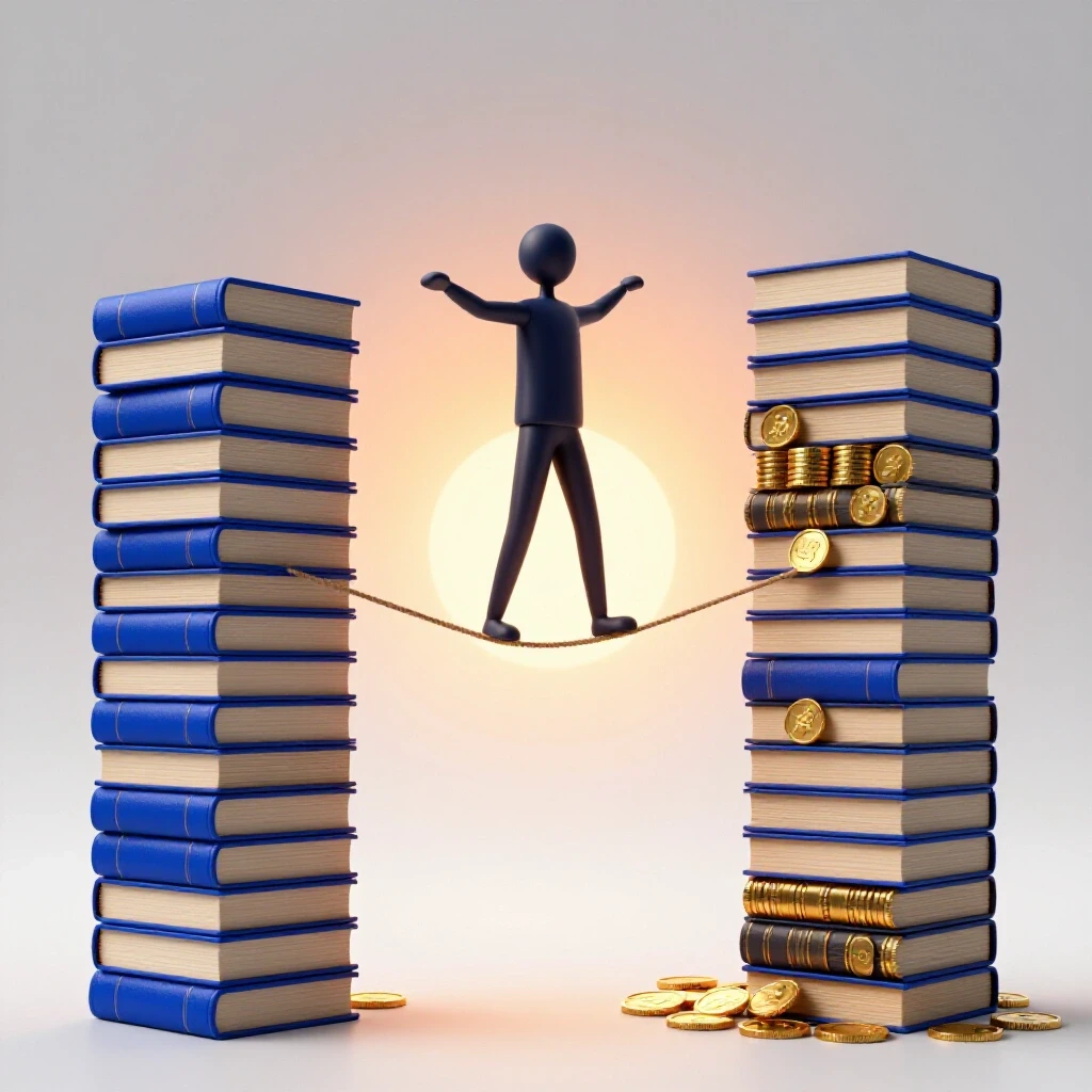Figure balancing on tightrope between tall stacks of blue books and gold coins, sunrise backdrop, bright studio setting.