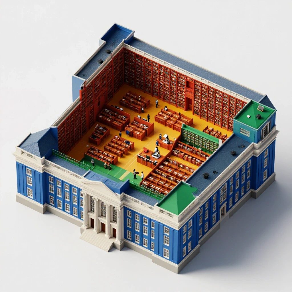 Cross-section of a colorful university building revealing vibrant rooms, pathways, and academic objects under bright lighting.