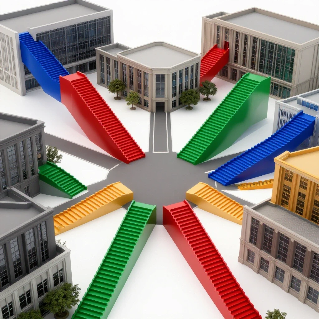 Bright 3D crossroads with colorful staircases leading to modern academic buildings on a luminous white background.