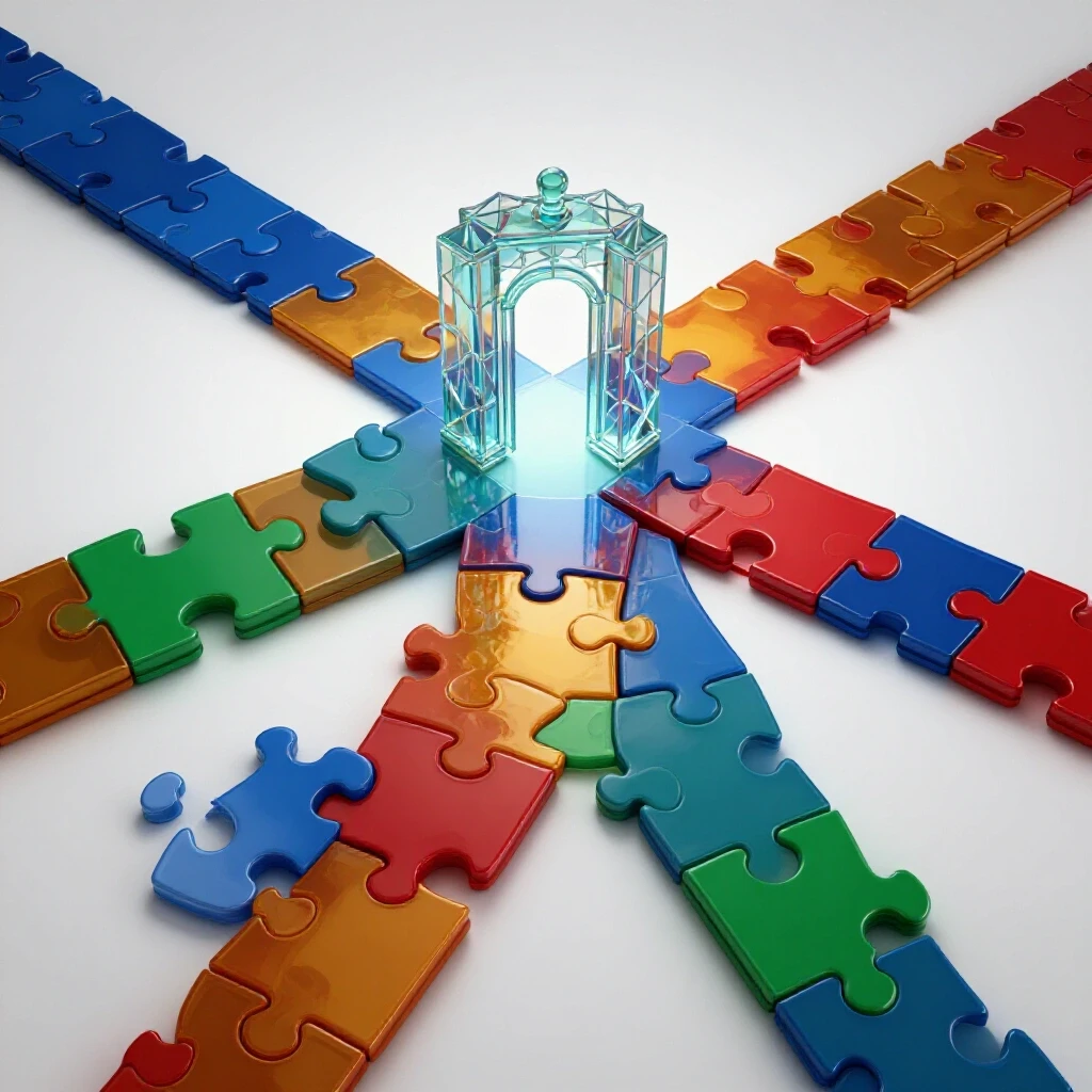 Intersecting, colorful puzzle-piece paths converge at a glowing gateway symbolizing higher education choices.