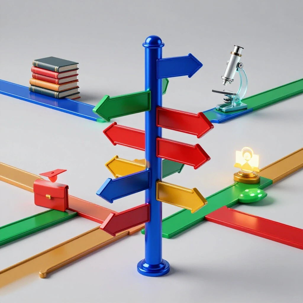 Vivid 3D crossroads with branching paths, books, microscope, and career icons on bright background