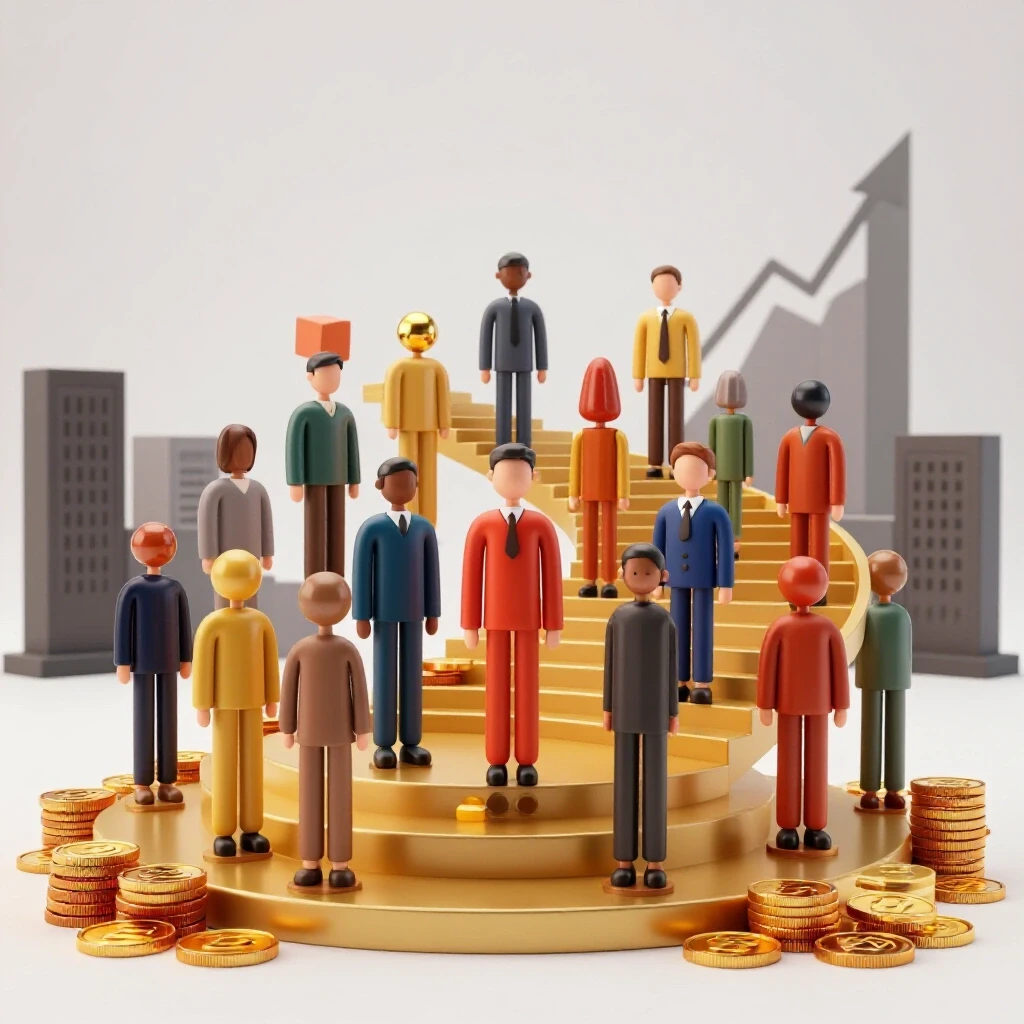 Stylized group of colorful academic shapes at a winding golden staircase with glowing coin steps, academic buildings, and statistical graph shadows on a bright white background.