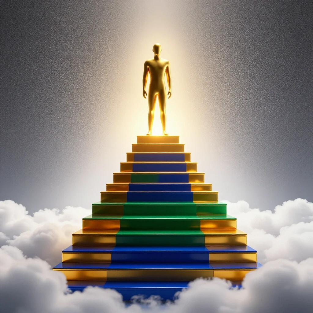 Tall illuminated staircase with colorful steps rises above clouds, central figure atop glowing golden summit