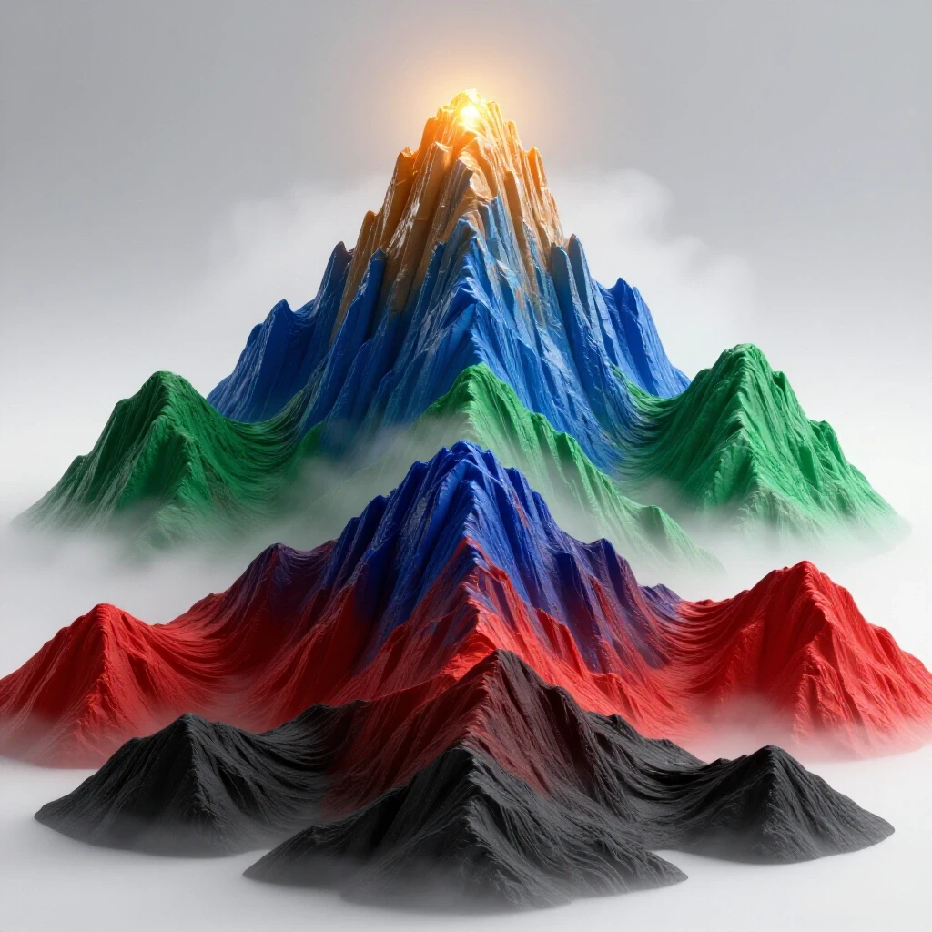 A glowing, mist-shrouded mountain with multiple colored tiers symbolizing advanced educational achievement levels.