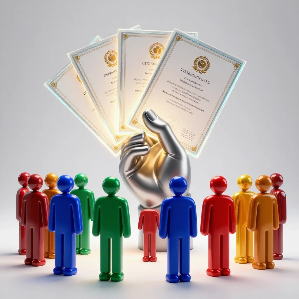 A metallic hand holds glowing certificates above vibrant colored figures lined up on a bright background.