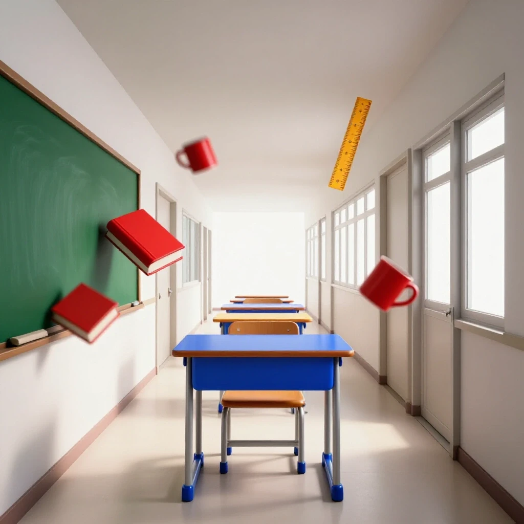 A vibrant classroom with colorful teaching tools fades dramatically into an empty corridor with abandoned objects, symbolizing a sudden halt in education careers.