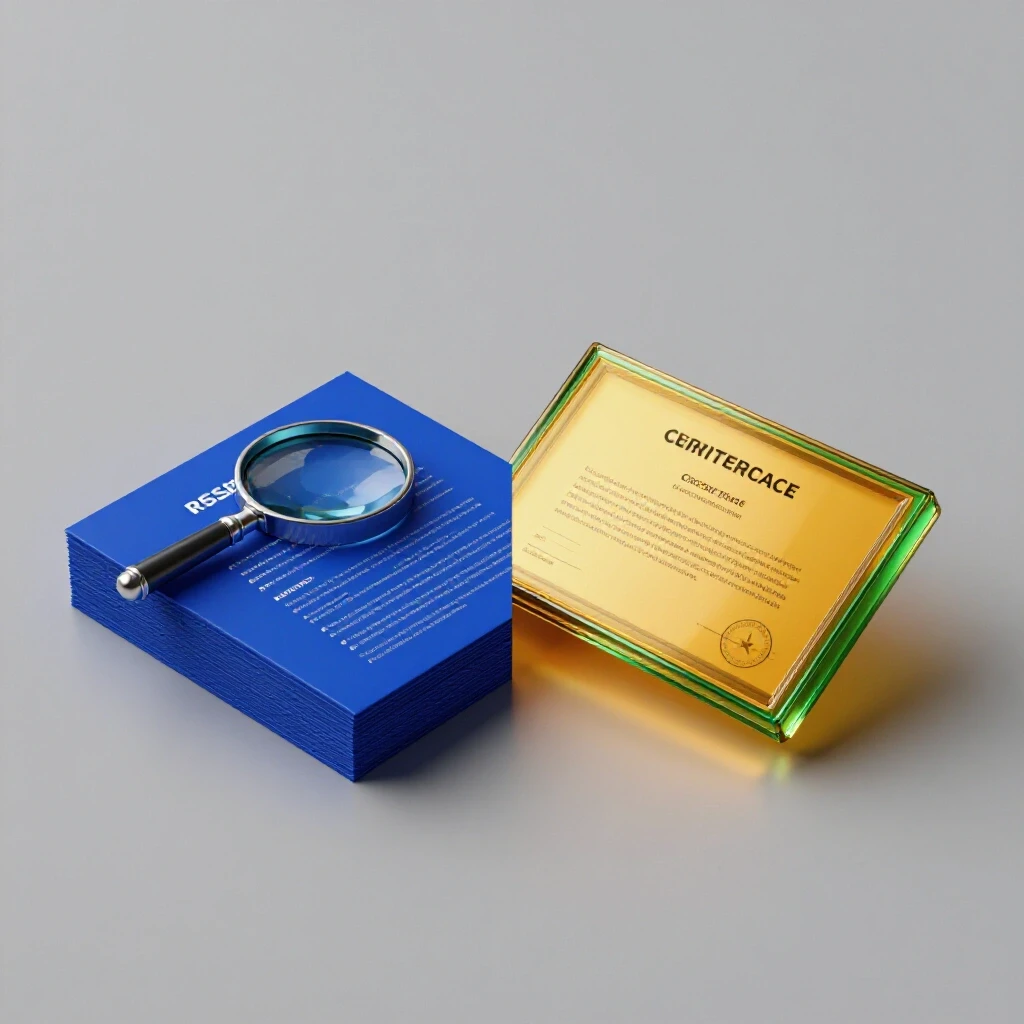 Split scene showing a magnifying glass over stacked resumes beside a glowing certificate, contrasting experience and credentials.