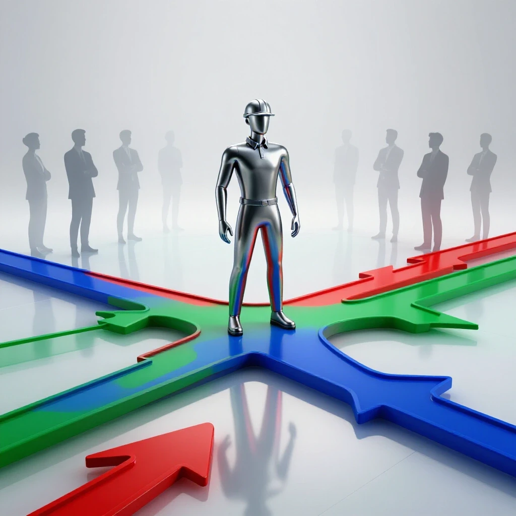 A confident metallic engineer stands at a central crossroads with colorful branching paths and shadowy observer figures in a bright, clean studio setting.