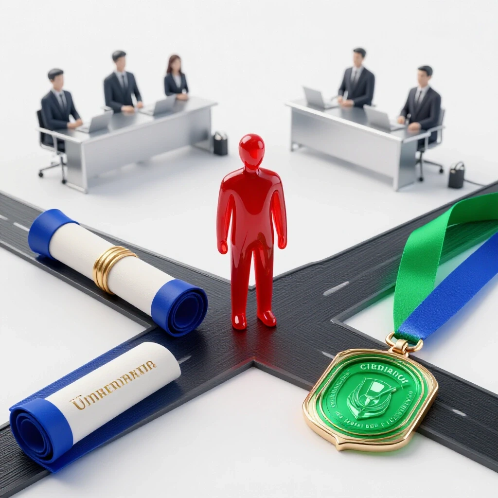 A confident candidate stands at a crossroads between a glowing diploma and digital badge, with thoughtful observers in the background.