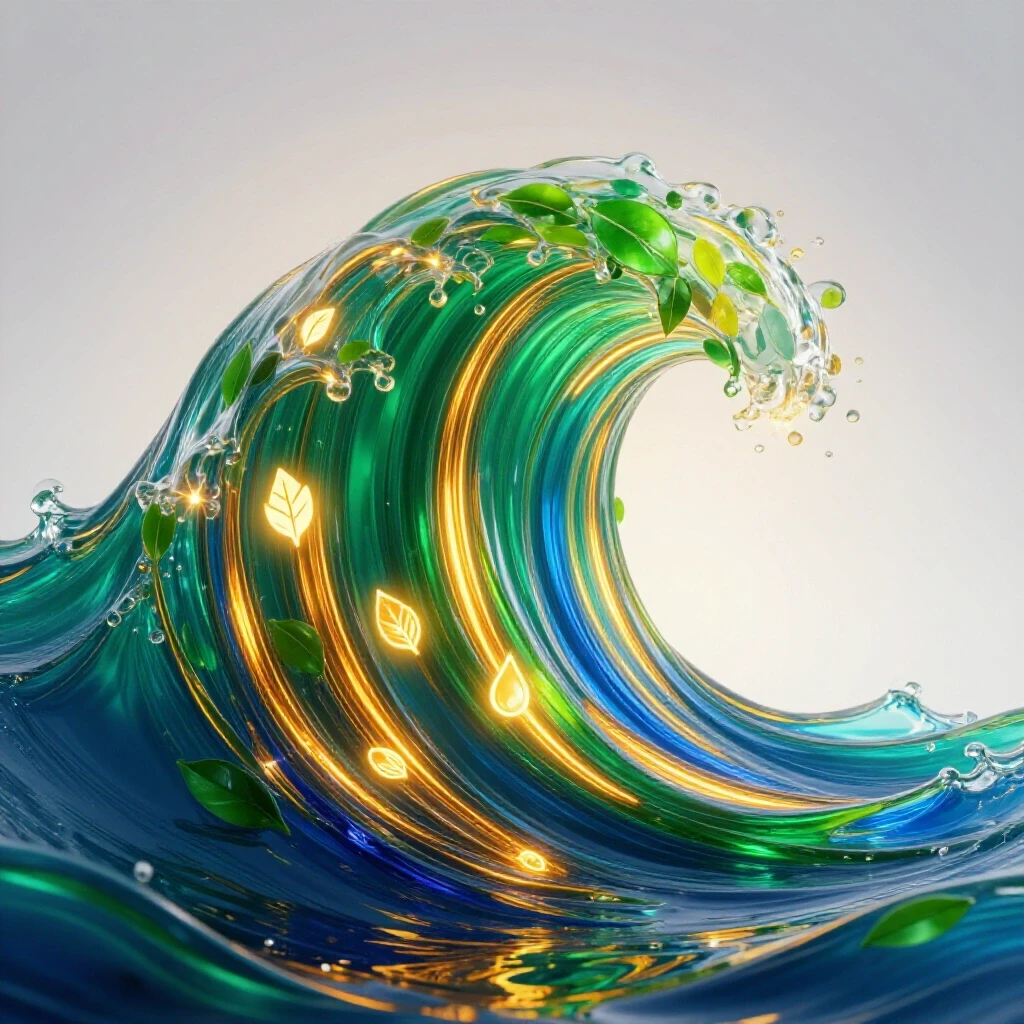 Vibrant, glowing wave of intertwining leaves, water, and amber light symbolizing holistic health pathways