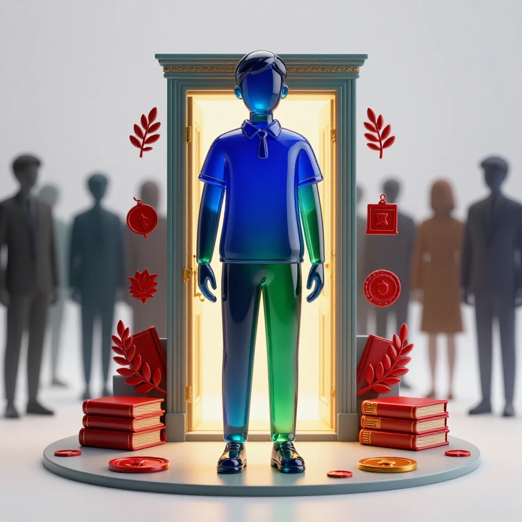 A confident student figure stands at a glowing ornate doorway, surrounded by symbols of achievement, with peers in shadow nearby.