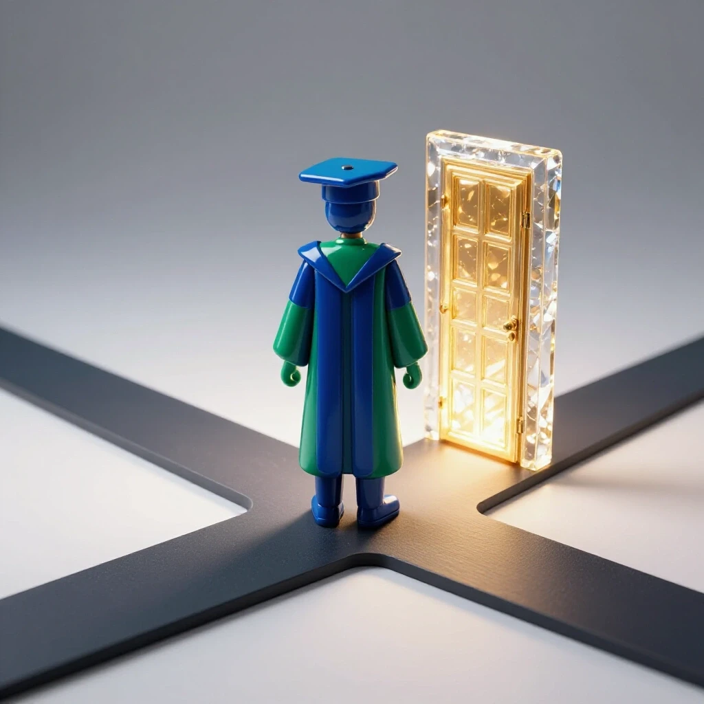 Glowing door at crossroads beside a distinguished academic figure, symbolizing honorary degree choices