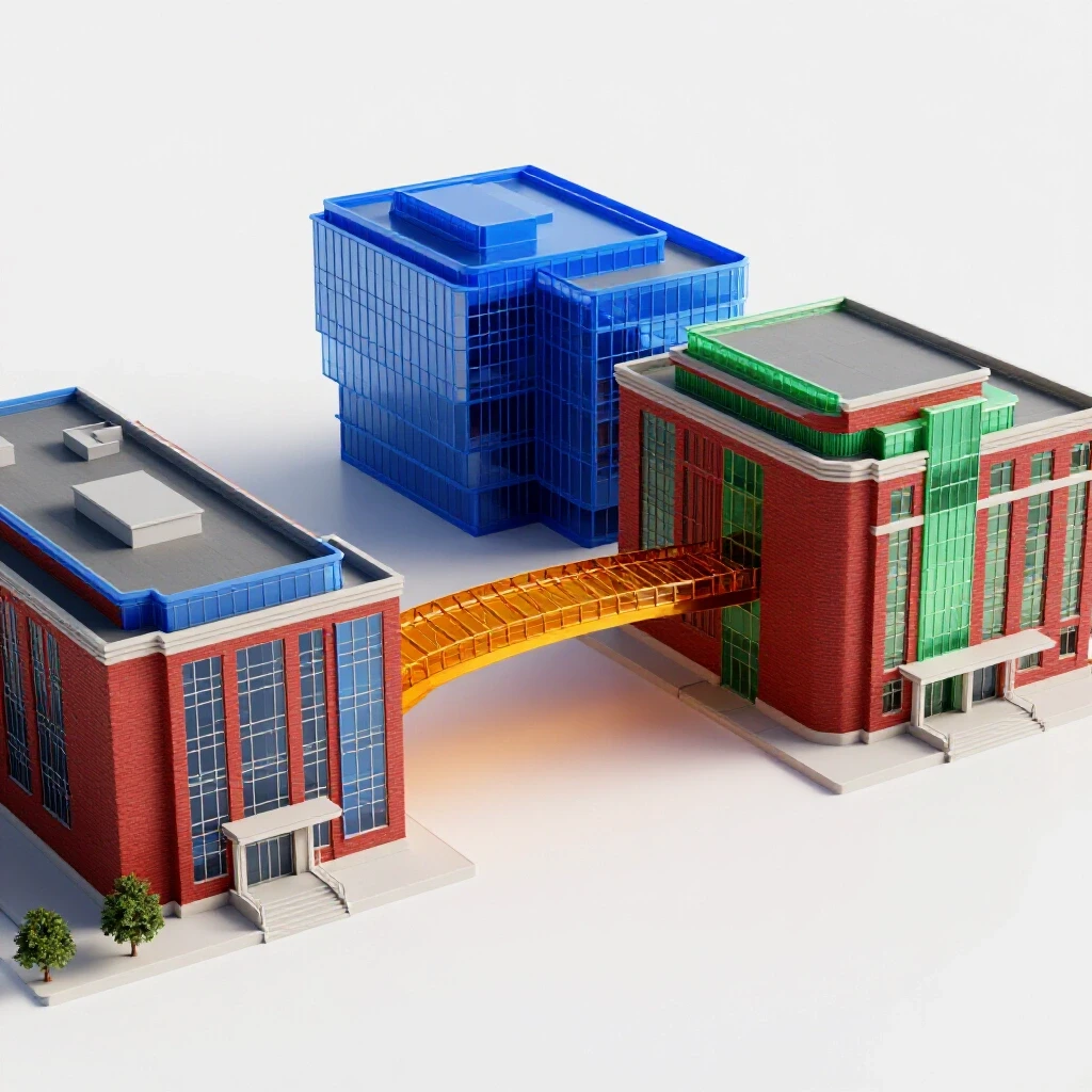 Two contrasting, vibrant campus buildings connected by a bold bridge, symbolizing college transfer.