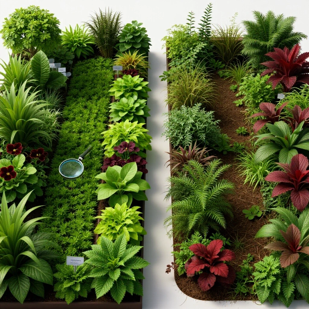 Vibrant split garden, one half expertly cultivated with scientific tools, the other wild and untamed.