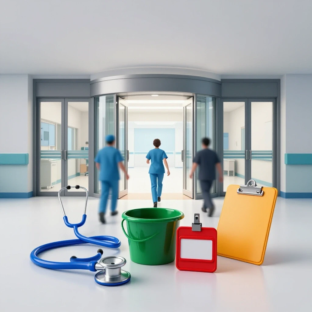 Colorful symbols of various hospital jobs arranged at the center, moving toward open modern hospital doors with bright light inside.