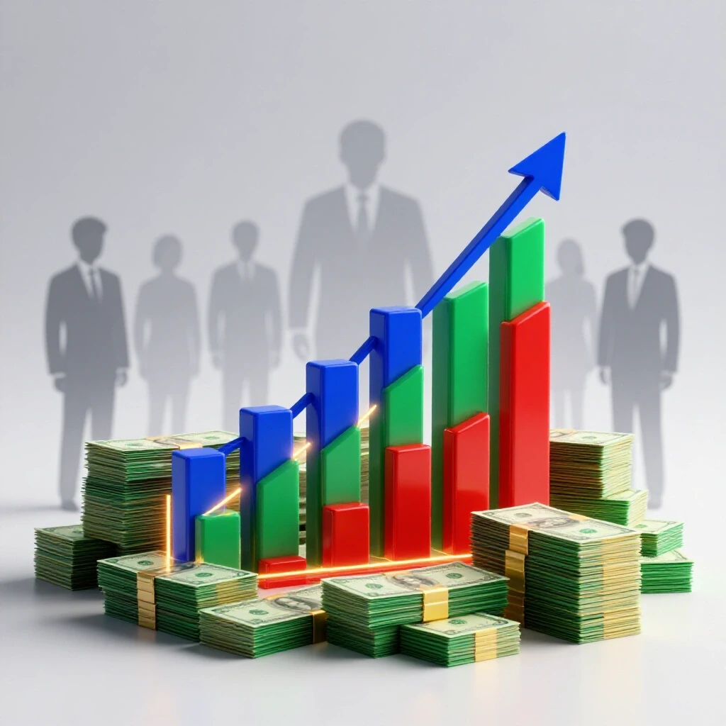 Vivid 3D data charts transforming into stacks of money with shadowy employer figures in a bright studio setting.