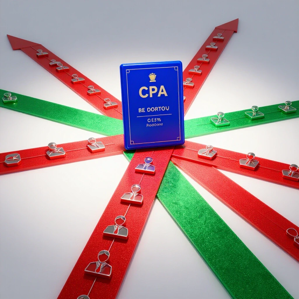 Glossy CPA plaque at the intersection of vibrant career and leadership pathways, bathed in bright studio light.