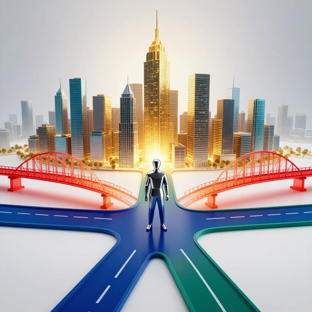 Abstract student figure stands at colorful crossroads, vivid paths and glowing city skyline ahead, ethereal bridges connecting routes symbolizing internships.