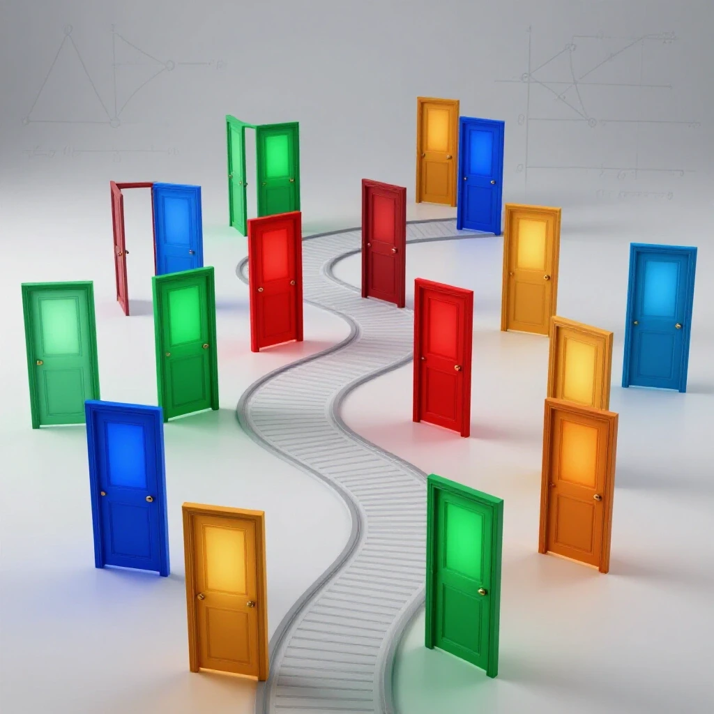A glowing winding path with branching colored doorways representing polynomial zeros, set in a bright, clean environment with abstract math in the background.