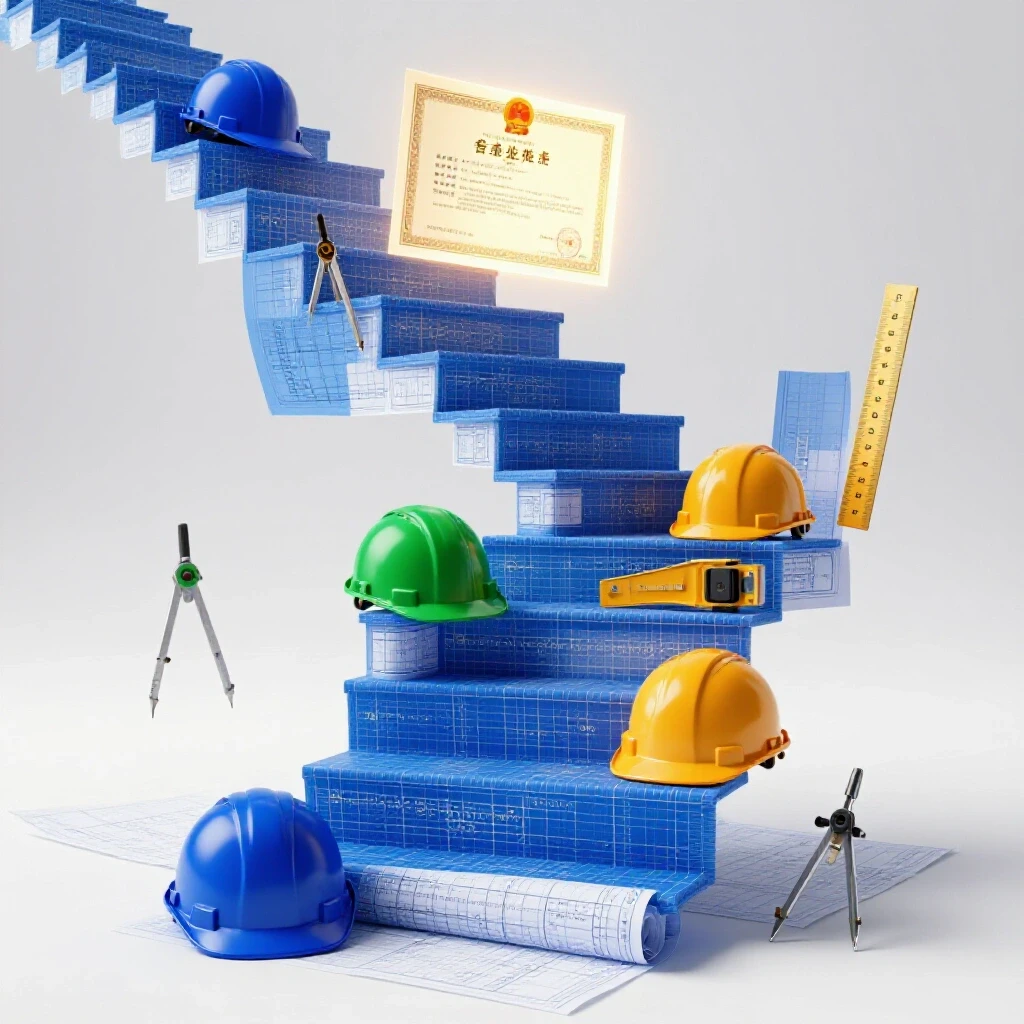 A staircase made of blueprints and engineering tools ascends to a glowing professional license atop a bright background.